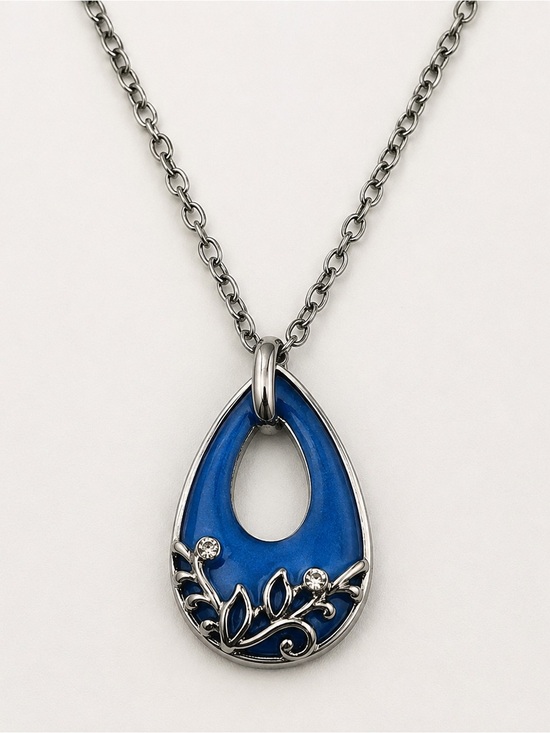 Jewelry - Blue Teardrop Pendant Necklace Silver Tone Floral Crystal Accents